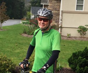 Bill Clement, an avide cyclist and resident at Cornwall Manor, going for a bike ride on his 75th birthday.