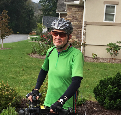 Bill Clement, an avide cyclist and resident at Cornwall Manor, going for a bike ride on his 75th birthday.