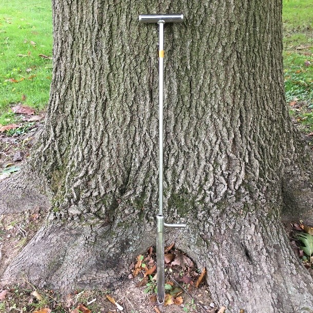 Soil probe leaning against a tree